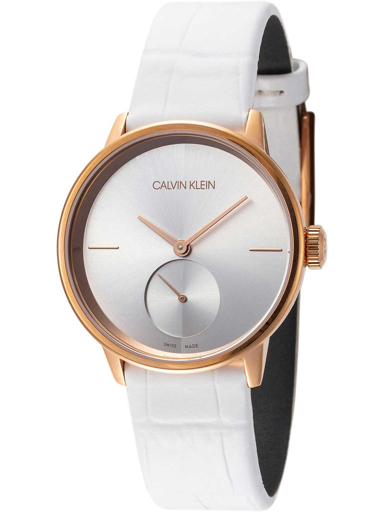 Calvin Klein Accent Silver Dial White Leather Strap Watch for Women - K2Y216K6 Buy Now By Calvin Klein