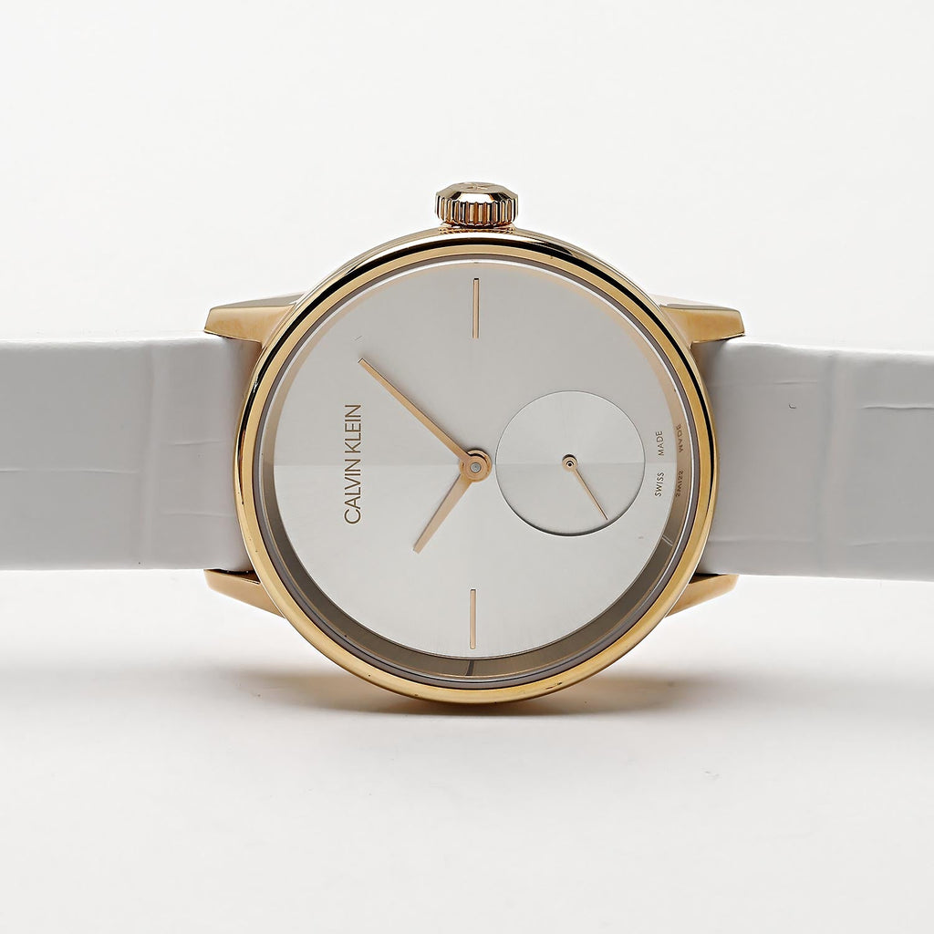Calvin Klein Accent Silver Dial White Leather Strap Watch for Women - K2Y236K6 Buy Now By Calvin Klein