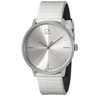 Calvin Klein Accent Silver Dial White Leather Strap Watch for Women - K2Y2X1K6 Buy Now By Calvin Klein