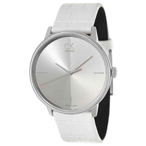 Calvin Klein Accent Silver Dial White Leather Strap Watch for Women - K2Y2X1K6 Buy Now By Calvin Klein