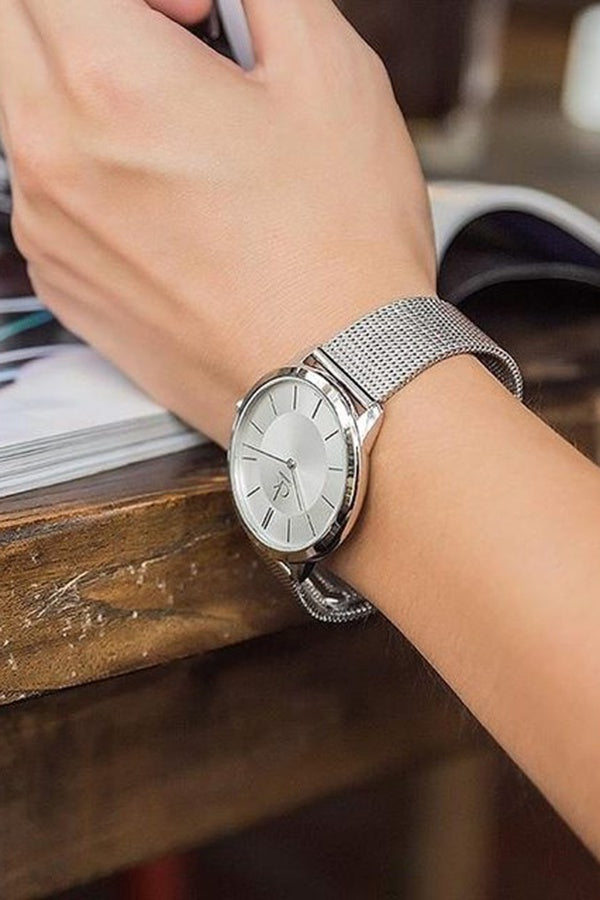 Calvin Klein Minimal White Dial Silver Mesh Bracelet Watch for Women - K3M23126