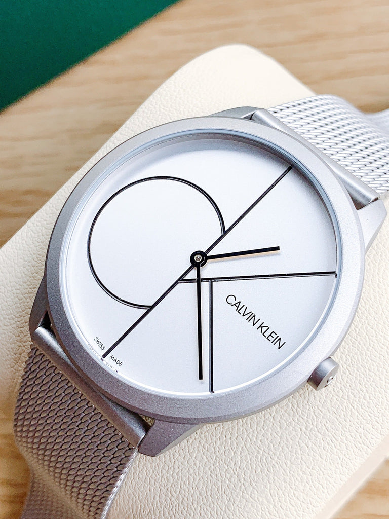 Calvin Klein Minimal White Dial Silver Mesh Bracelet Watch for Men - K3M5115X
