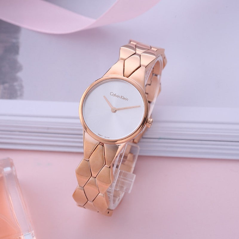 Calvin Klein Snake Silver Dial Rose Gold Steel Strap Watch For Women - K6E23646 Buy Now By Calvin Klein