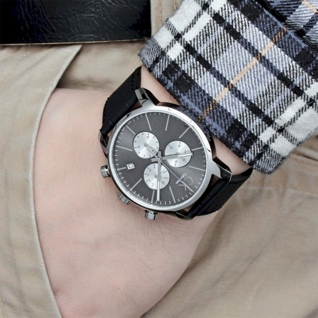 Calvin Klein Post Minimal Chronograph Black Dial Black Leather Strap Watch for Men - K7627107 Buy Now By Calvin Klein