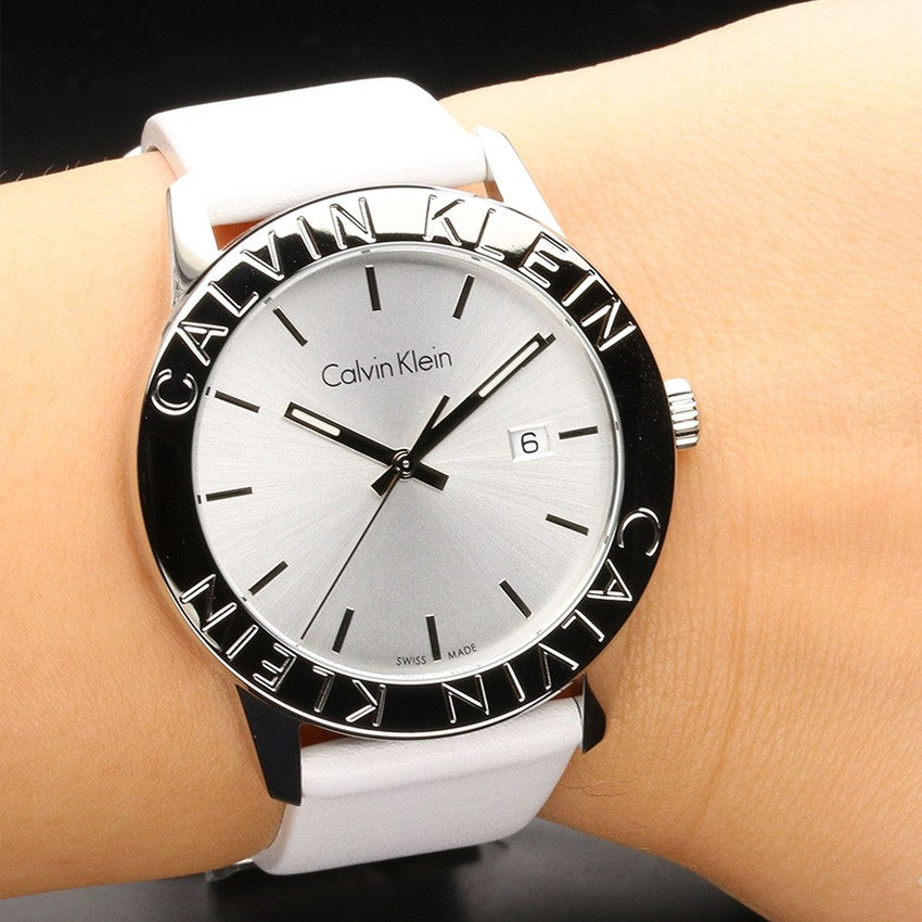 Calvin Klein Steady Silver Dial White Leather Strap Watch for Women - K7Q211L6 Buy Now By Calvin Klein