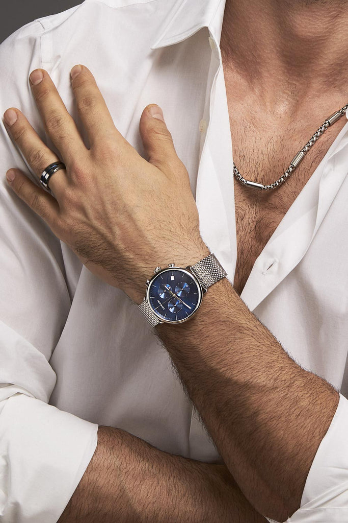 Calvin Klein High Noon Chronograph Blue Dial Silver Mesh Bracelet Watch for Men - K8M2712N Buy Now By Calvin Klein