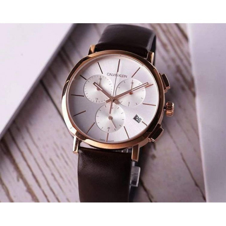 Calvin Klein Posh Chronograph White Dial Brown Leather Strap Watch for Men - K8Q376G6 Buy Now By Calvin Klein