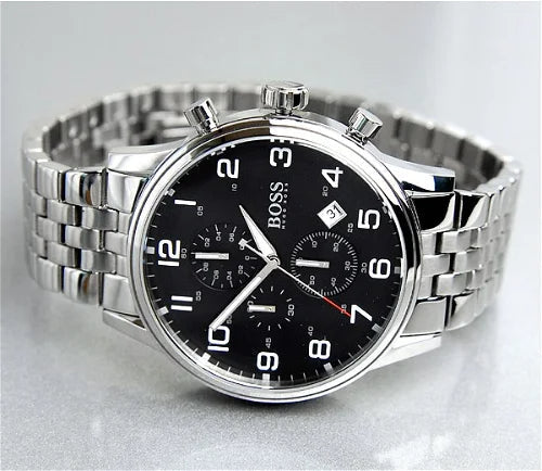 Hugo Boss Aeroliner Chronograph Quartz Black Dial Silver Steel Strap Watch For Men - HB1512446 Buy Now By Hugo Boss