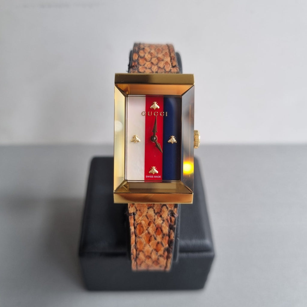 Gucci G-Frame Mother of Pearl Dial Brown Leather Snakeskin Strap Watch For Women - YA147402 Buy Now By Gucci
