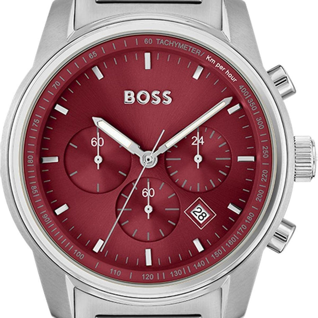 Hugo Boss Trace Chronograph Red Dial Silver Steel Strap Watch For Men - 1514004 Buy Now By Hugo Boss