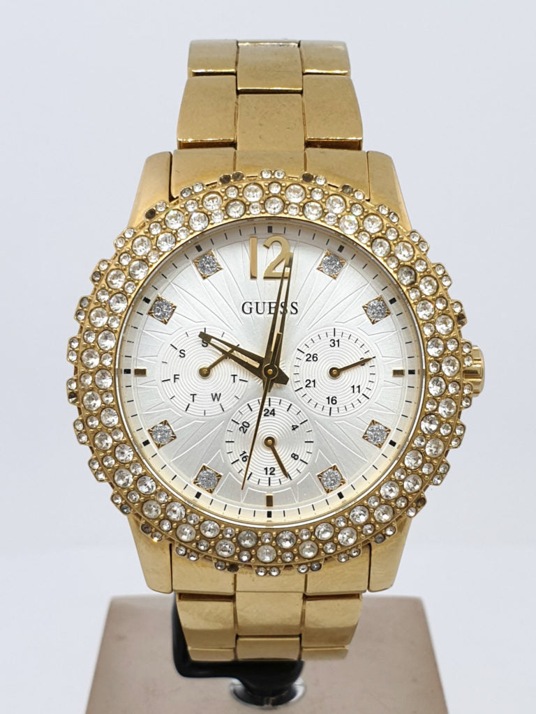 Guess Dazzler Diamonds Silver Dial Gold Steel Strap Watch for Women - W0335L2 Buy Now By Guess