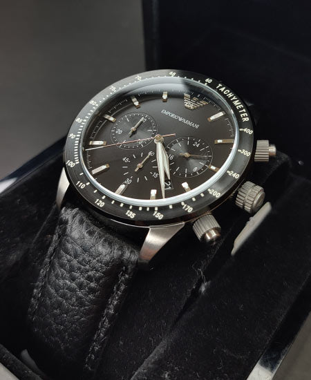 Emporio Armani Mario Chronograph Black Dial Black Leather Strap Watch For Men - AR11243 Buy Now By Emporio Armani