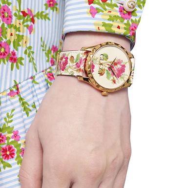 Gucci G Timeless Floral Gold Dial White Leather Strap Watch For Women - YA1264084 Buy Now By Gucci
