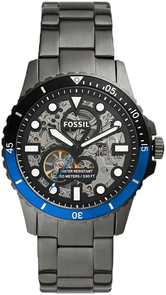 Fossil FB-01 Automatic Skeleton Black Dial Grey Steel Strap Watch for Men - ME3201 Buy Now By Fossil