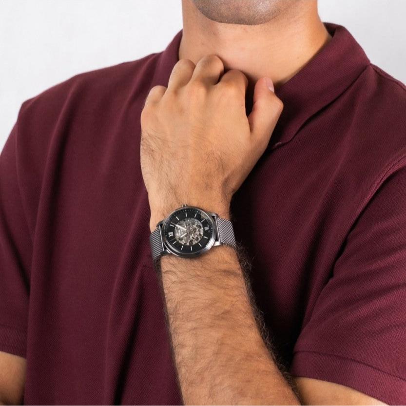 Fossil Neutra Automatic Skeleton Black Dial Grey Mesh Strap Watch for Men - ME3185 Buy Now By Fossil
