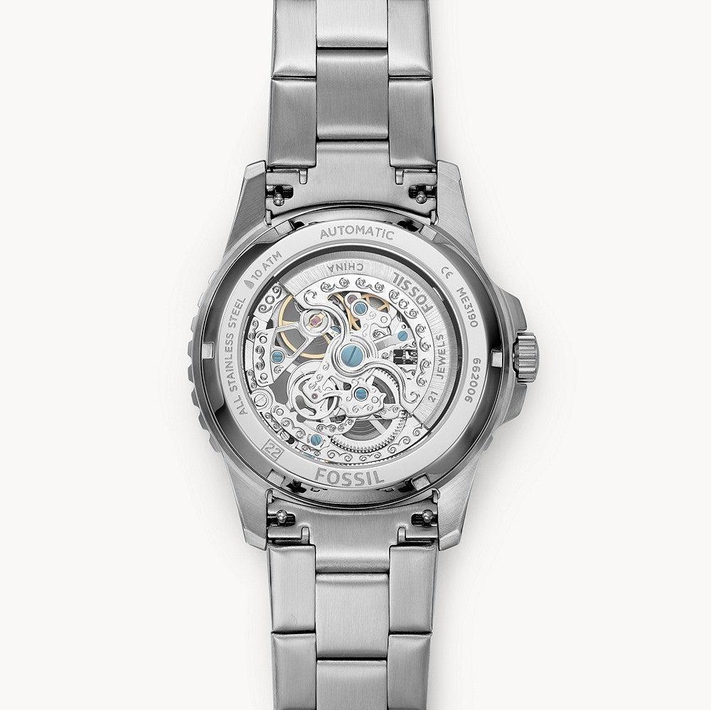 Fossil FB-01 Automatic Skeleton Black Dial Silver Steel Strap Watch for Men - ME3190 Buy Now By Fossil