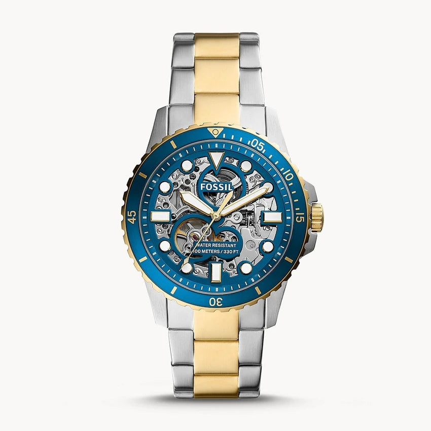 Fossil FB-01 Automatic Skeleton Blue Dial Two Tone Steel Strap Watch for Men - ME3191 Buy Now By Fossil