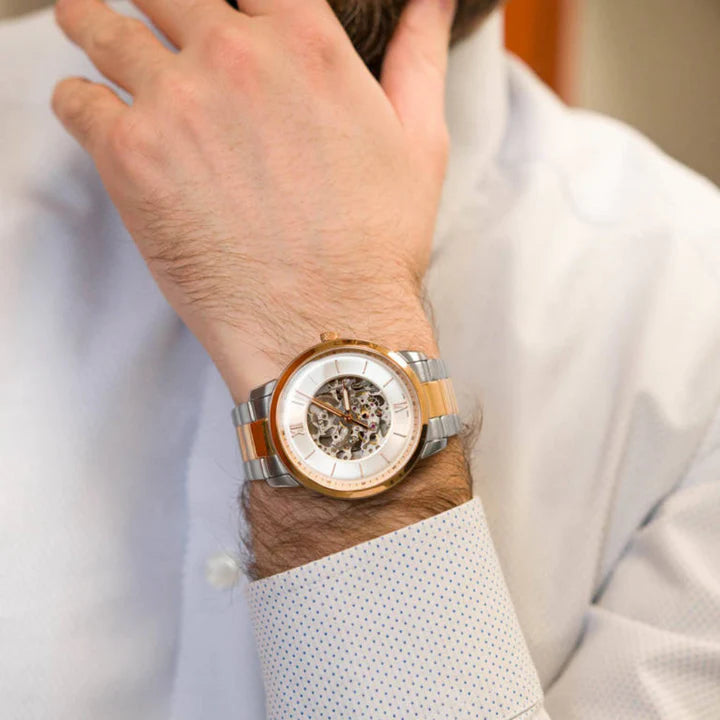 Fossil Neutra Automatic Skeleton White Dial Two Tone Steel Strap Watch for Men - ME3196 Buy Now By Fossil