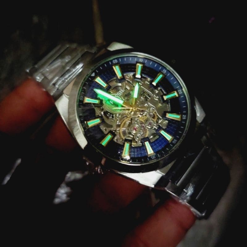 Fossil Everett Automatic Skeleton Blue Dial Silver Steel Strap Watch for Men - ME3220 Buy Now By Fossil