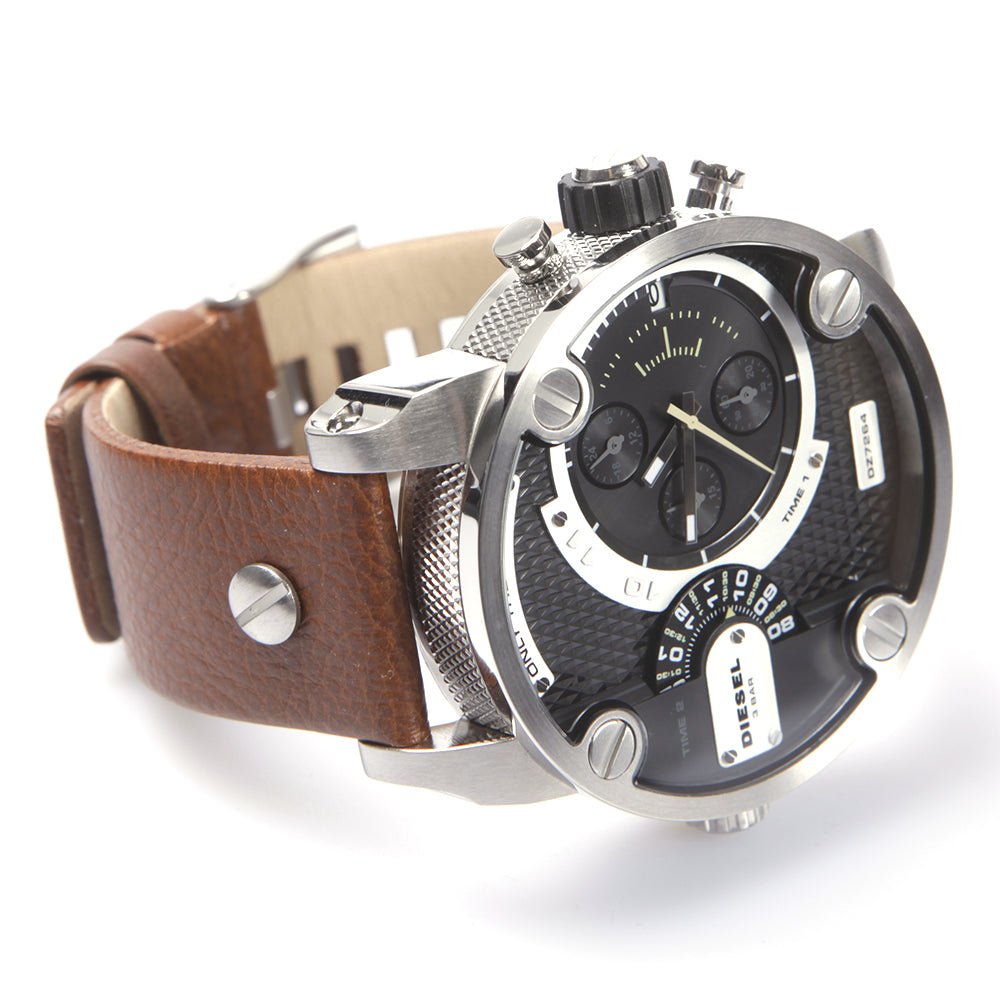 Diesel SBA Dual Time Black Dial Brown Leather Strap Watch For Men - DZ7264 Buy Now By Diesel