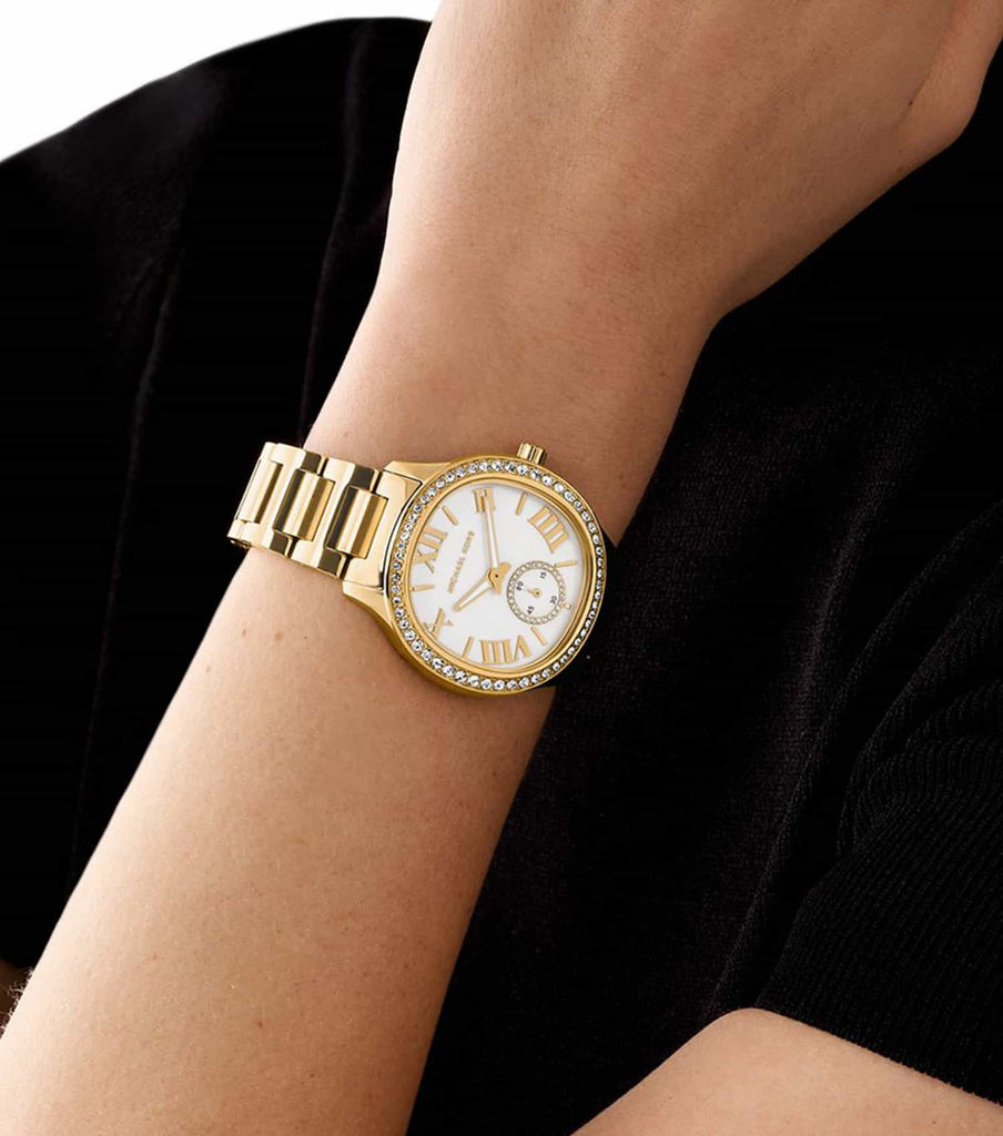 Michael Kors Sage Three-Hand Mother of Pearl White Dial Gold Steel Strap Watch for Women - MK4805 Buy Now By Michael Kors