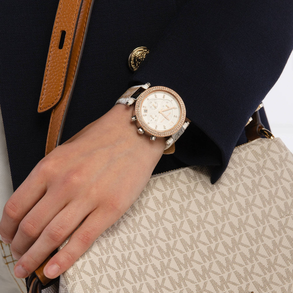 Michael Kors Parker Chronograph White Dial Two Tone Leather Strap Watch For Women - MK6950 Buy Now By Michael Kors