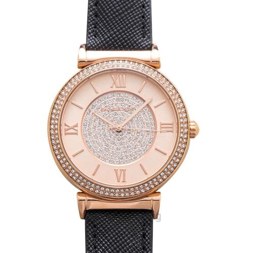 Michael Kors Catlin Rose Gold Crystal Dial Black Leather Strap Watch for Women - MK2376 Buy Now By Michael Kors