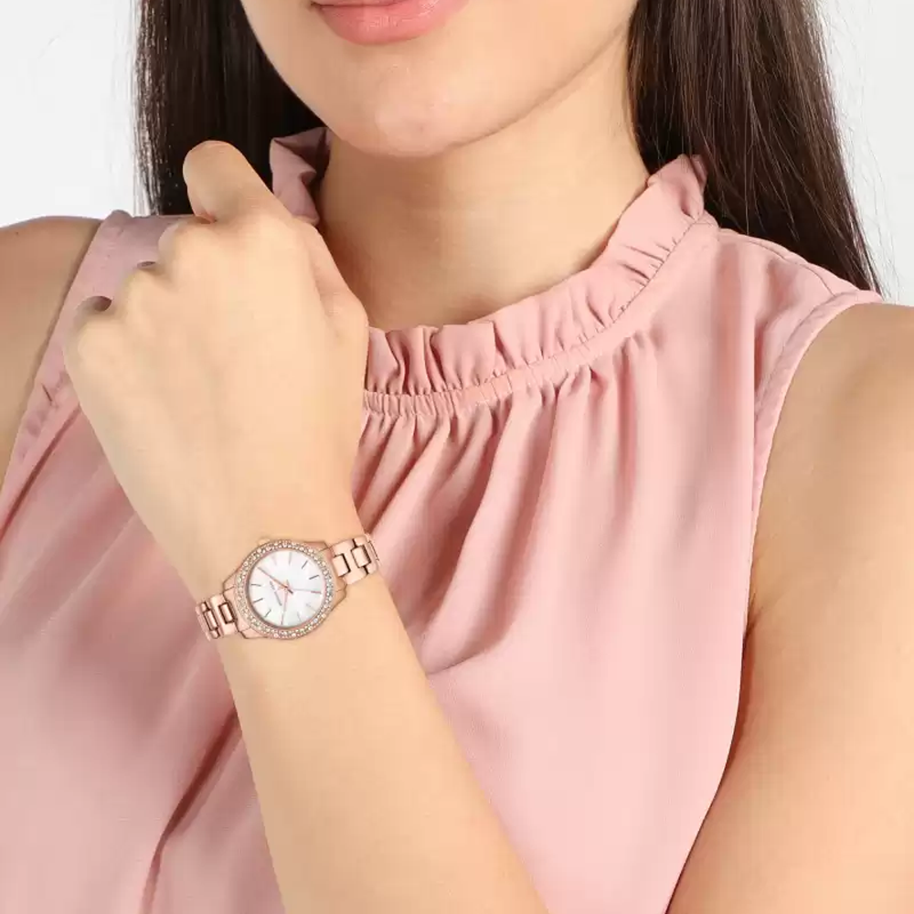 Michael Kors Lilane Three Hand Mother of Pearl White Dial Rose Gold Steel Strap Watch For Women - MK4557 Buy Now By Michael Kors