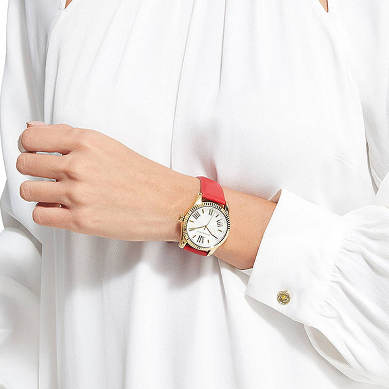 Michael Kors Lexington Three Hand Red Dial Red Leather Strap Watch For Women - MK4747 Buy Now By Michael Kors