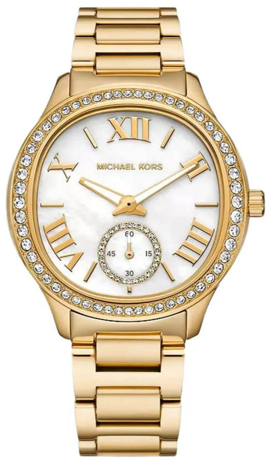 Michael Kors Sage Three-Hand Mother of Pearl White Dial Gold Steel Strap Watch for Women - MK4805 Buy Now By Michael Kors