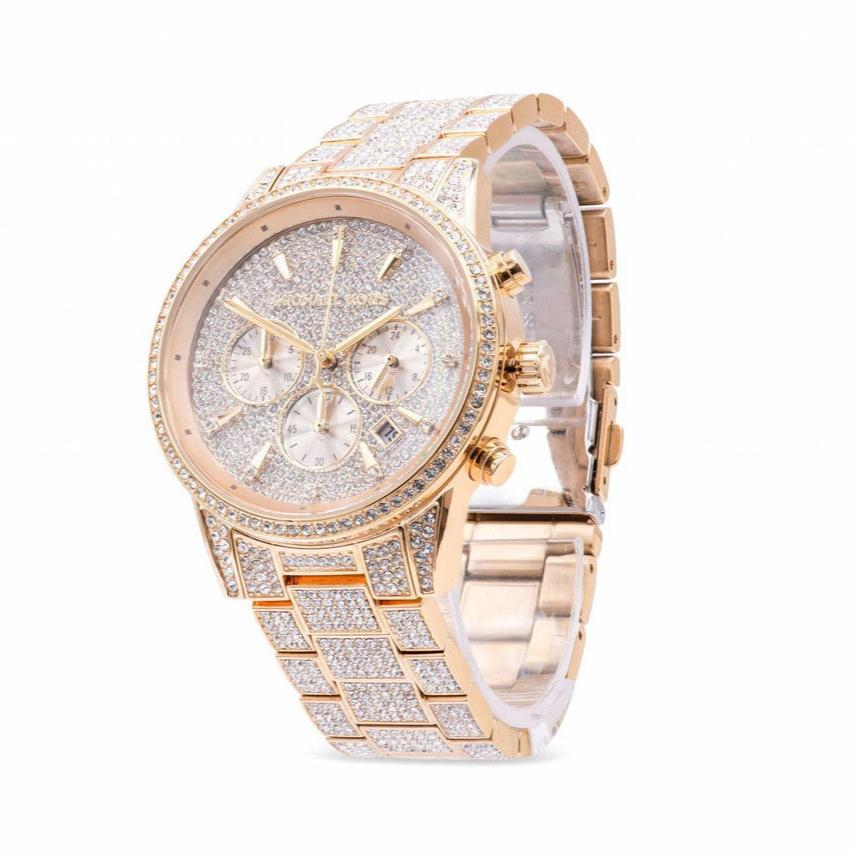 Michael Kors Ritz Three-Hand Glitz Crystals Gold Dial Gold Steel Strap Watch for Women - MK6747 Buy Now By Michael Kors