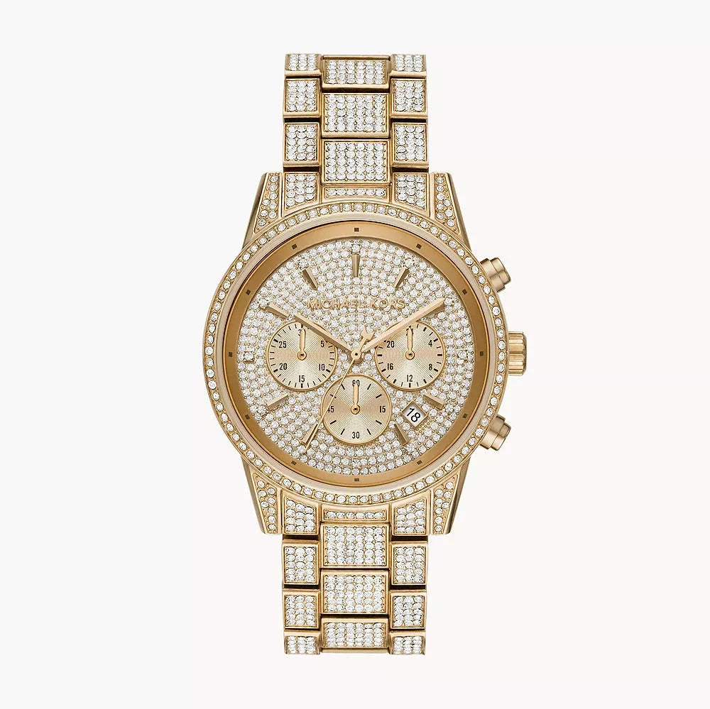 Michael Kors Ritz Three-Hand Glitz Crystals Gold Dial Gold Steel Strap Watch for Women - MK6747 Buy Now By Michael Kors