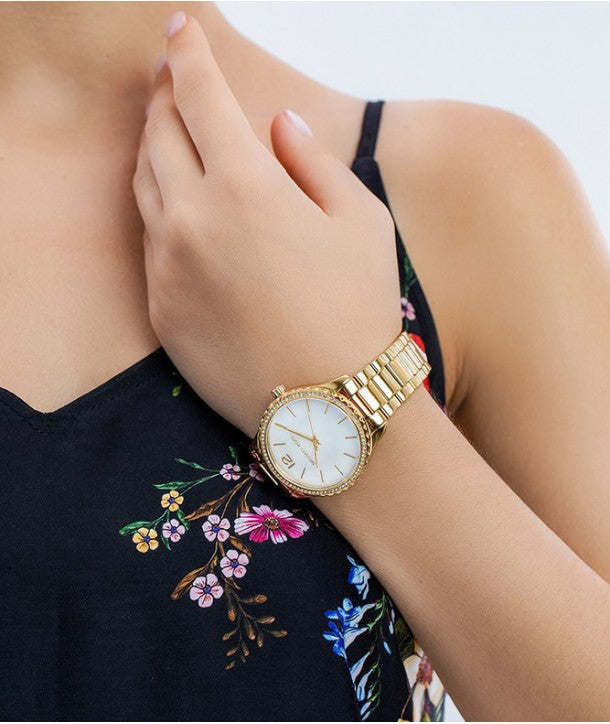 Michael Kors Layton Three Hand Mother of Pearl White Dial Gold Steel Strap Watch For Women - MK6870 Buy Now By Michael Kors