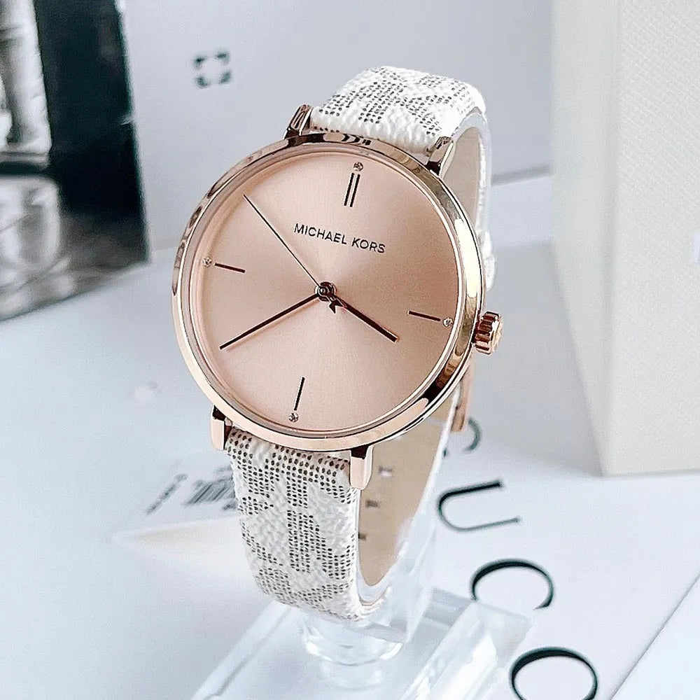 Michael Kors Jayne Three Hand Rose Gold Dial White Leather Strap Watch For Women - MK7128 Buy Now By Michael Kors