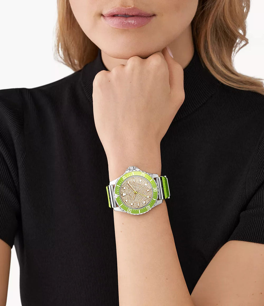Michael Kors Everest Three Hand Crystals Silver Dial Green Silicone Strap Watch For Women - MK7360 Buy Now By Michael Kors
