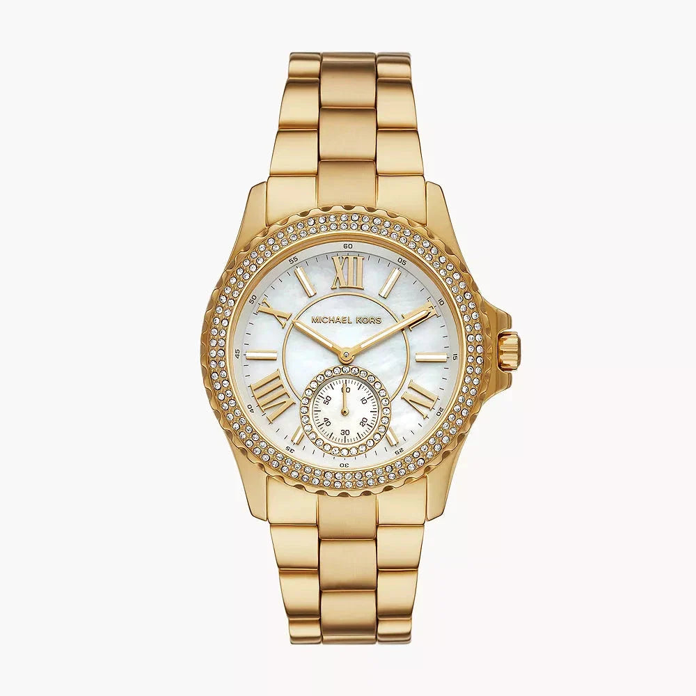 Michael Kors Everest Three Hand Mother of Pearl White Dial Gold Steel Strap Watch For Women - MK7401 Buy Now By Michael Kors