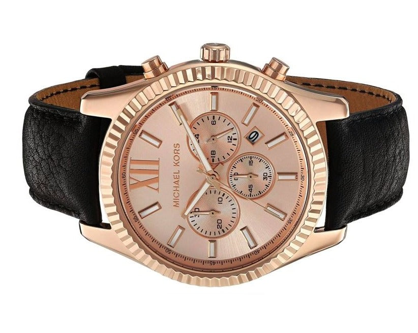 Michael Kors Lexington Chronograph Rose Gold Dial Black Leather Strap Watch For Men - MK8516 Buy Now By Michael Kors