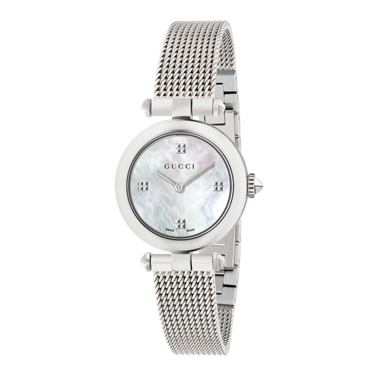 Gucci Diamantissima Quartz Diamonds Mother of Pearl Dial Silver Mesh Bracelet Watch for Women - YA141504 Buy Now By Gucci