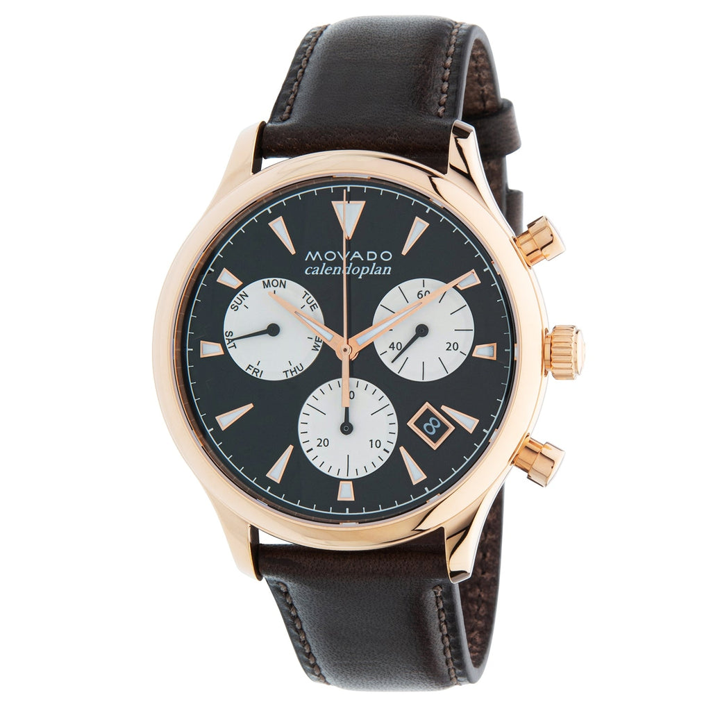 Movado Heritage Calendoplan Chronograph Black Dial Brown Leather Strap Watch for Men - 3650021 Buy Now By Movado