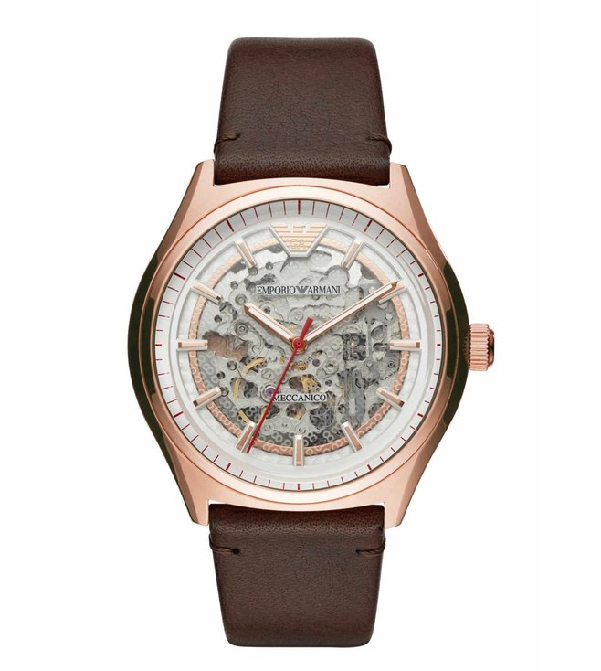 Emporio Armani Meccanico White Skeleton Dial Brown Leather Strap Watch For Men - AR60005 Buy Now By Emporio Armani