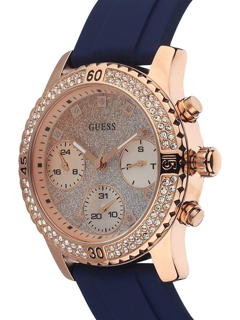 Guess Confetti Diamonds Gold Dial Blue Rubber Strap Watch For Women - W1098L6 Buy Now By Guess