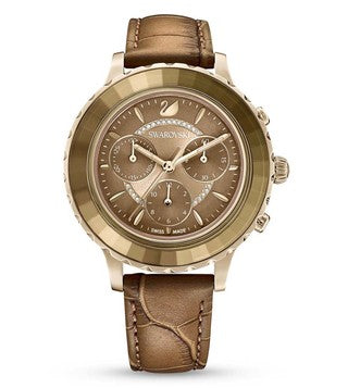 Swarovski Octea Lux Chrono Brown Gold Dial Brown Leather Strap Watch for Women - 5632260 Buy Now By Swarovski
