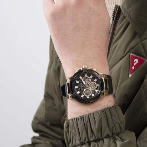 Guess Matrix Multifunction Gold Dial Black Rubber Strap Watch For Men - GW0423G2 Buy Now By Guess