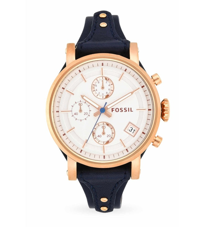 Fossil Original Boyfriend Chronograph White Dial Navy Blue Leather Strap Watch for Women - ES3838 Buy Now By Fossil