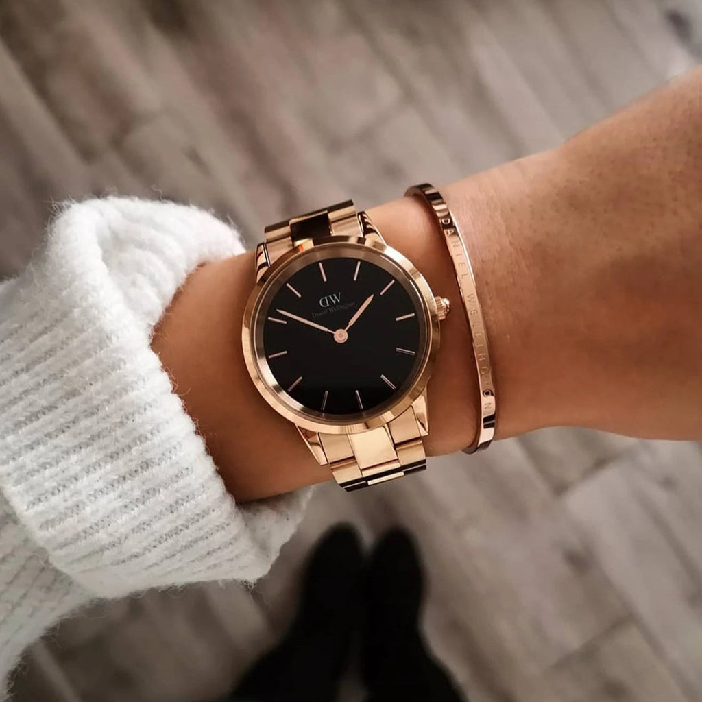 Daniel Wellington Iconic Link Black Dial Rose Gold Steel Strap Watch for Women - DW00100212 Buy Now By Daniel Wellington