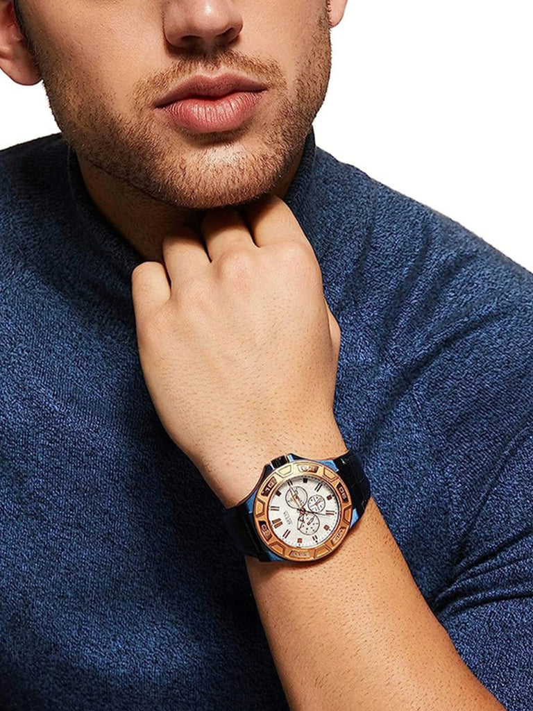 Guess Force Multi Function White Dial Blue Leather Strap Watch For Men - W0674G7 Buy Now By Guess