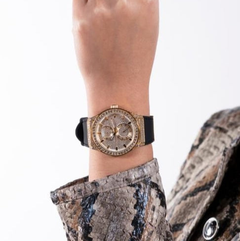 Guess Princess Crystals Gold Dial Black Silicone Strap Watch For Women - GW0439L2 Buy Now By Guess