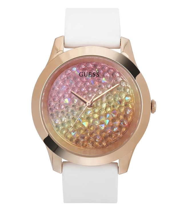 Guess Crush Crystals Gold Dial White Rubber Strap Watch for Women - W1223L3 Buy Now By Guess