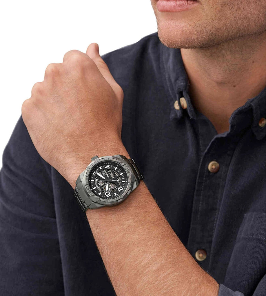 Fossil Bronson Automatic Skeleton Black Dial Grey Steel Strap Watch for Men - ME3255 Buy Now By Fossil