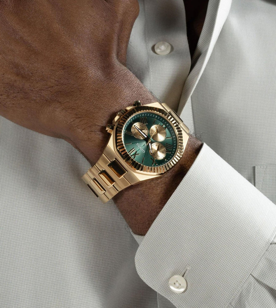 Guess Equity Analog Green Dial Gold Steel Strap Watch For Men - GW0703G2 Buy Now By Guess